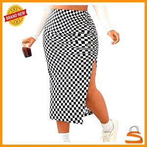 Plus Size Ruched Midi Skirt High Waist Split Thigh Pencil Skirt